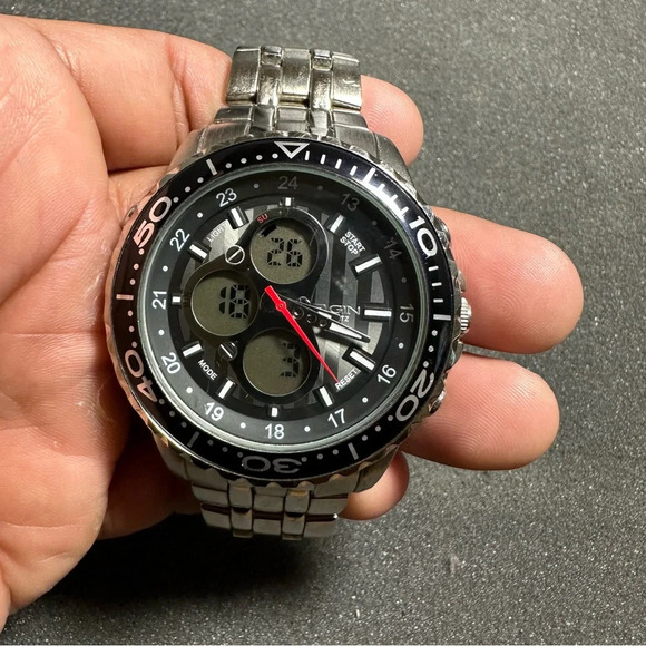 ELGIN Mens Quartz Watch Chronograph Analog/Digital Silver Tone MZB Working - Picture 1 of 10